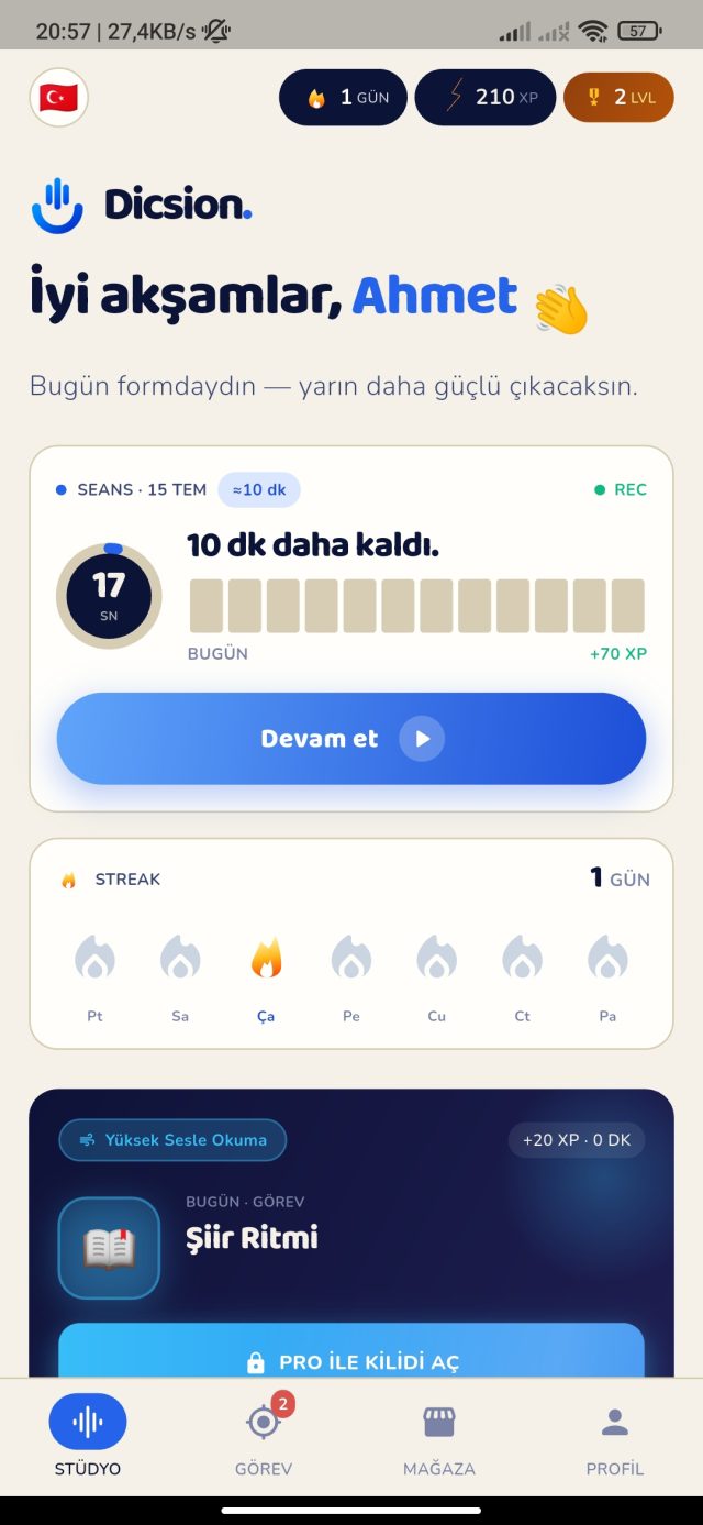 Dicsion ana ekranı: günlük seans, streak ve XP ile ilerleme