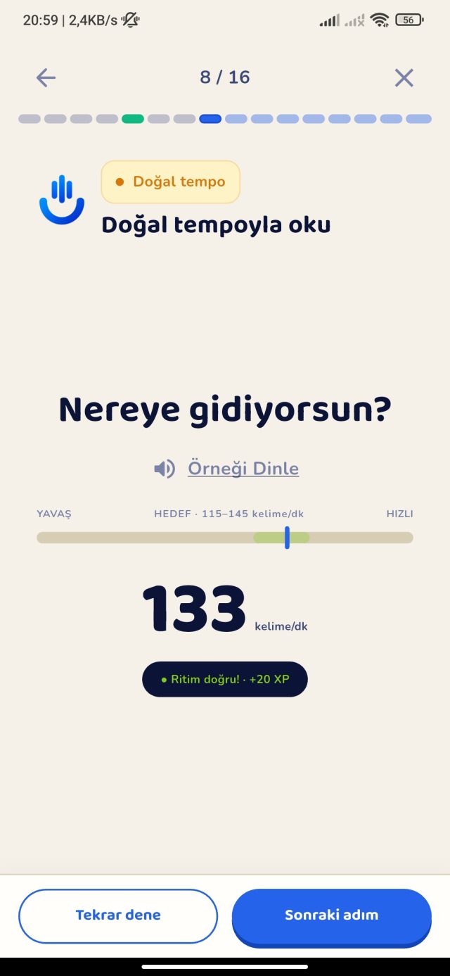 Dicsion tempo egzersizi ekranı: dakikadaki kelime hızı ve anlık geri bildirim