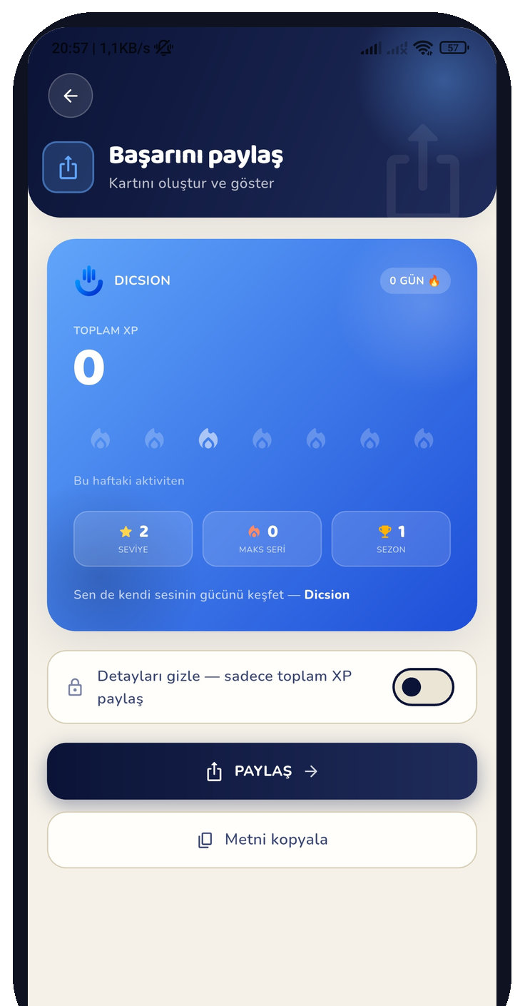 Dicsion başarı ve ilerleme ekranı