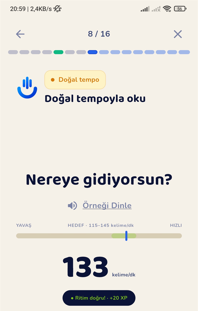 Dicsion uygulamasında konuşma temposu ve dakikadaki kelime geri bildirimi ekranı